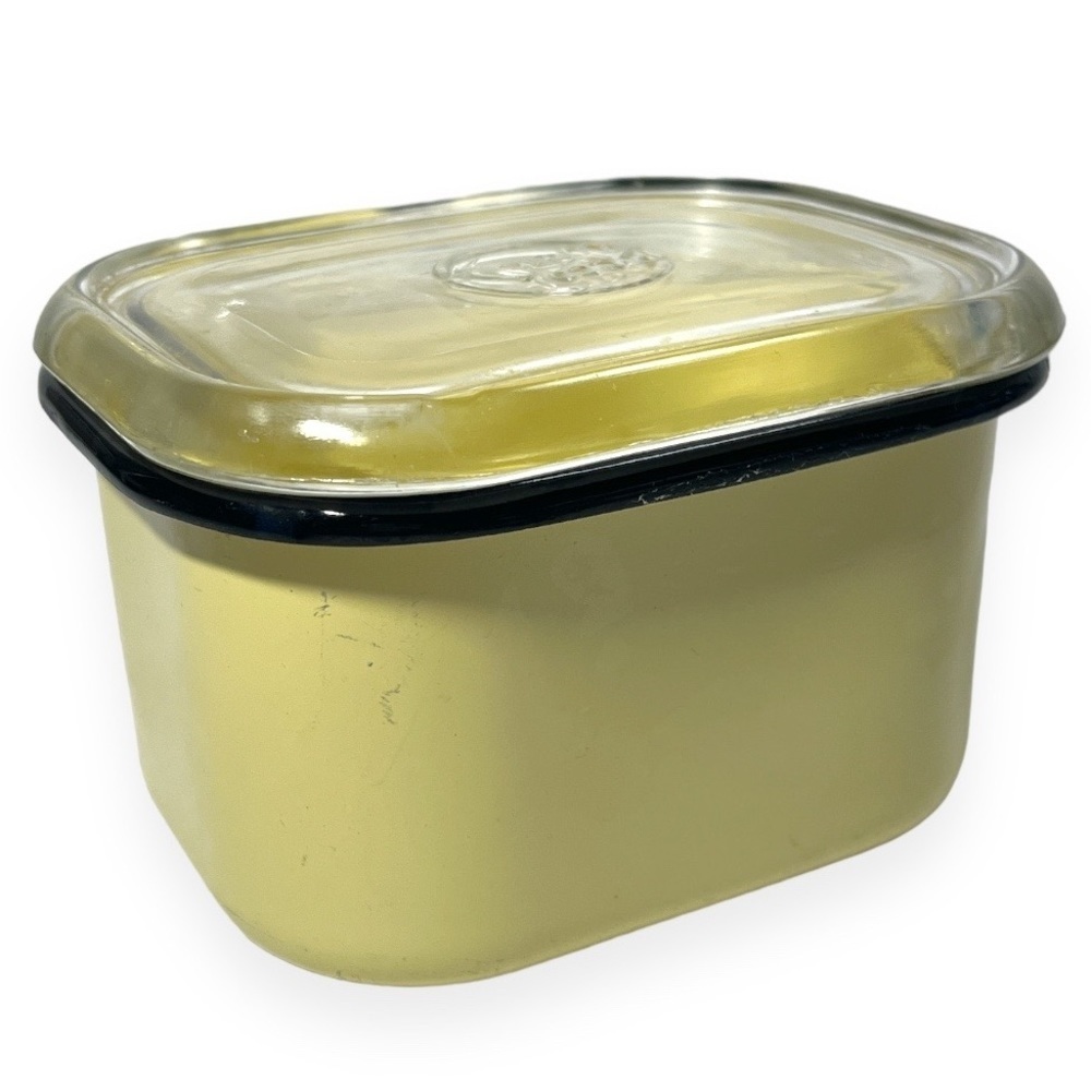 Vintage Beco Ware Refrigerator Dish Yellow Enamel Metal Black‎ Trim Glass Lid - Picture 5 of 13